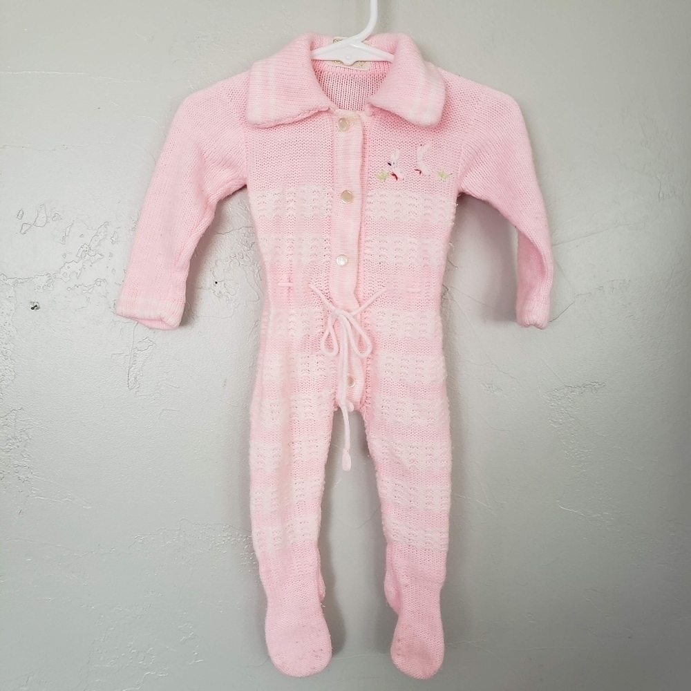 Knit Coveralls Original Vintage Baby Girl Crochet Pink White Jumpsuit Outfit 80s